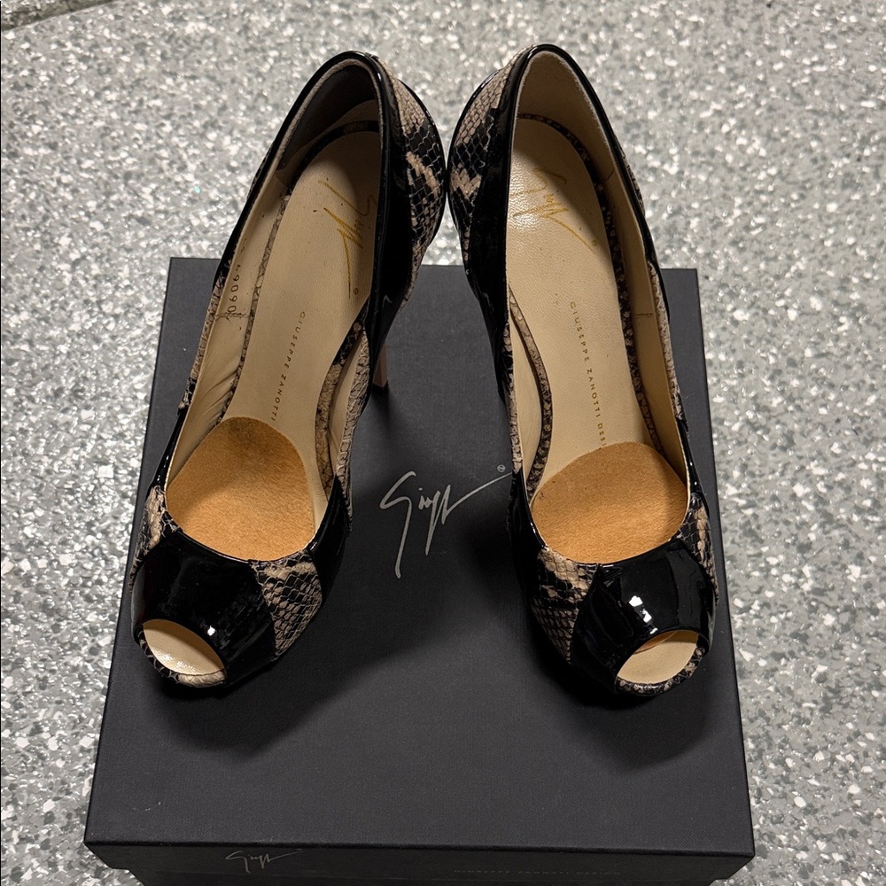 Giuseppe Zanotti Black and Beige Snake-Print Peep-Toe Heels